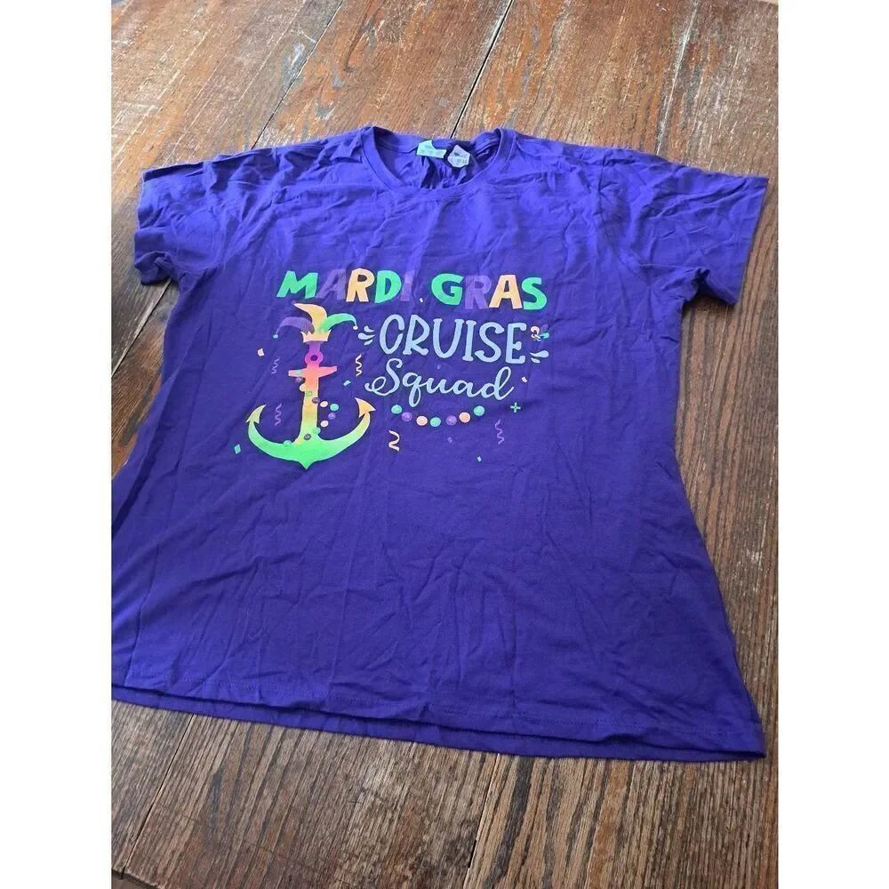 New 2XL Mardi Gras Cruise Squad Short Sleeve Crew Pullover Cotton TShirt Purple
